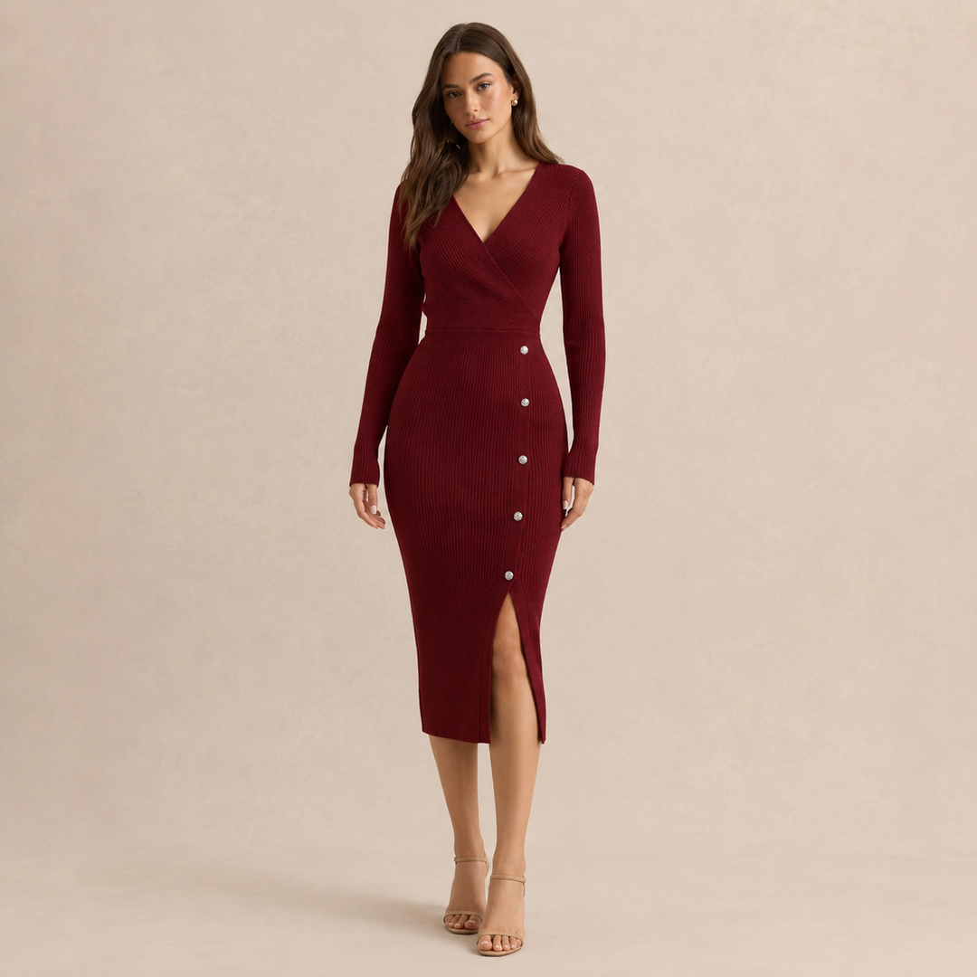 Brune Pelletier | Ribbed Knit Wrap V-Neck Long Sleeve Midi Dress