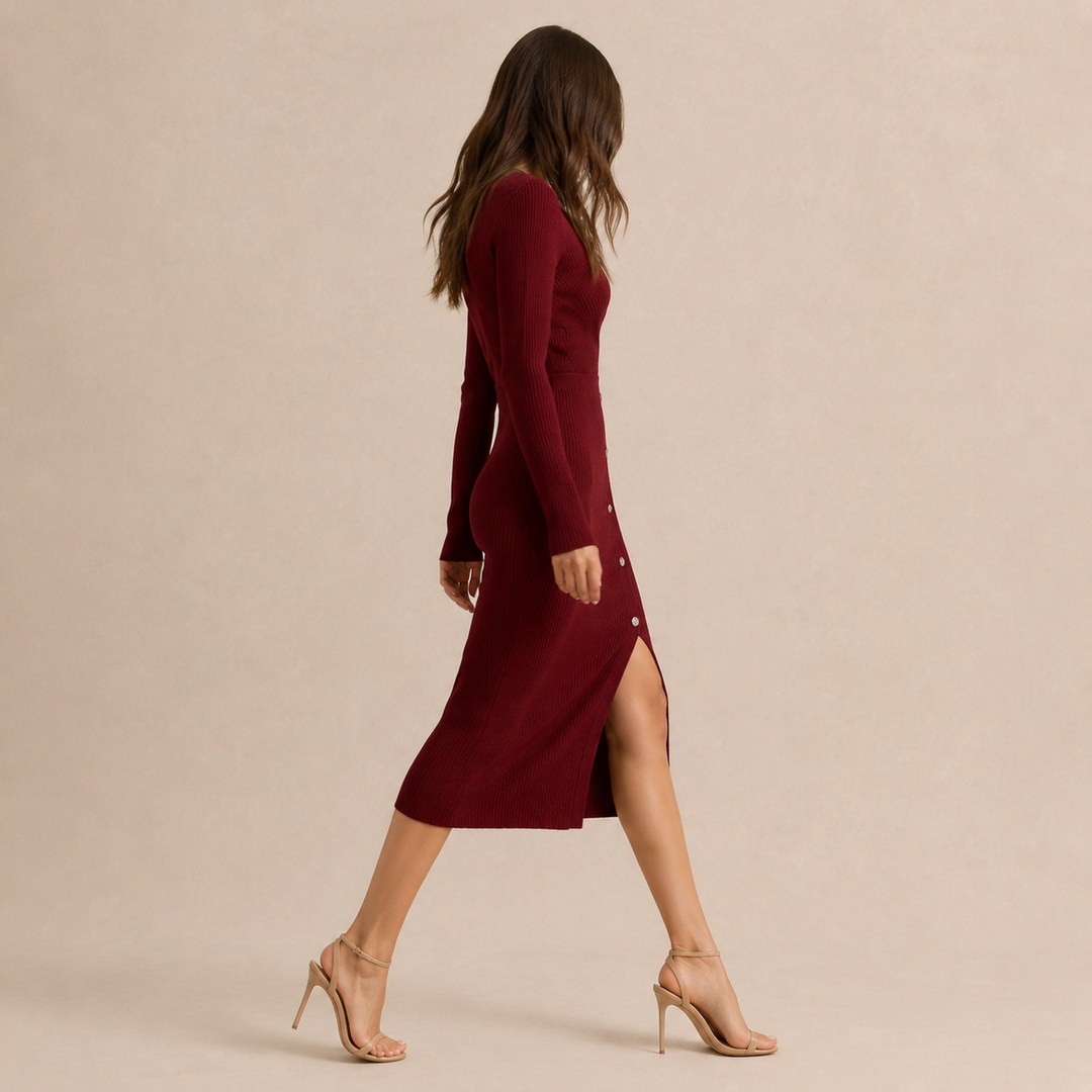 Brune Pelletier | Ribbed Knit Wrap V-Neck Long Sleeve Midi Dress