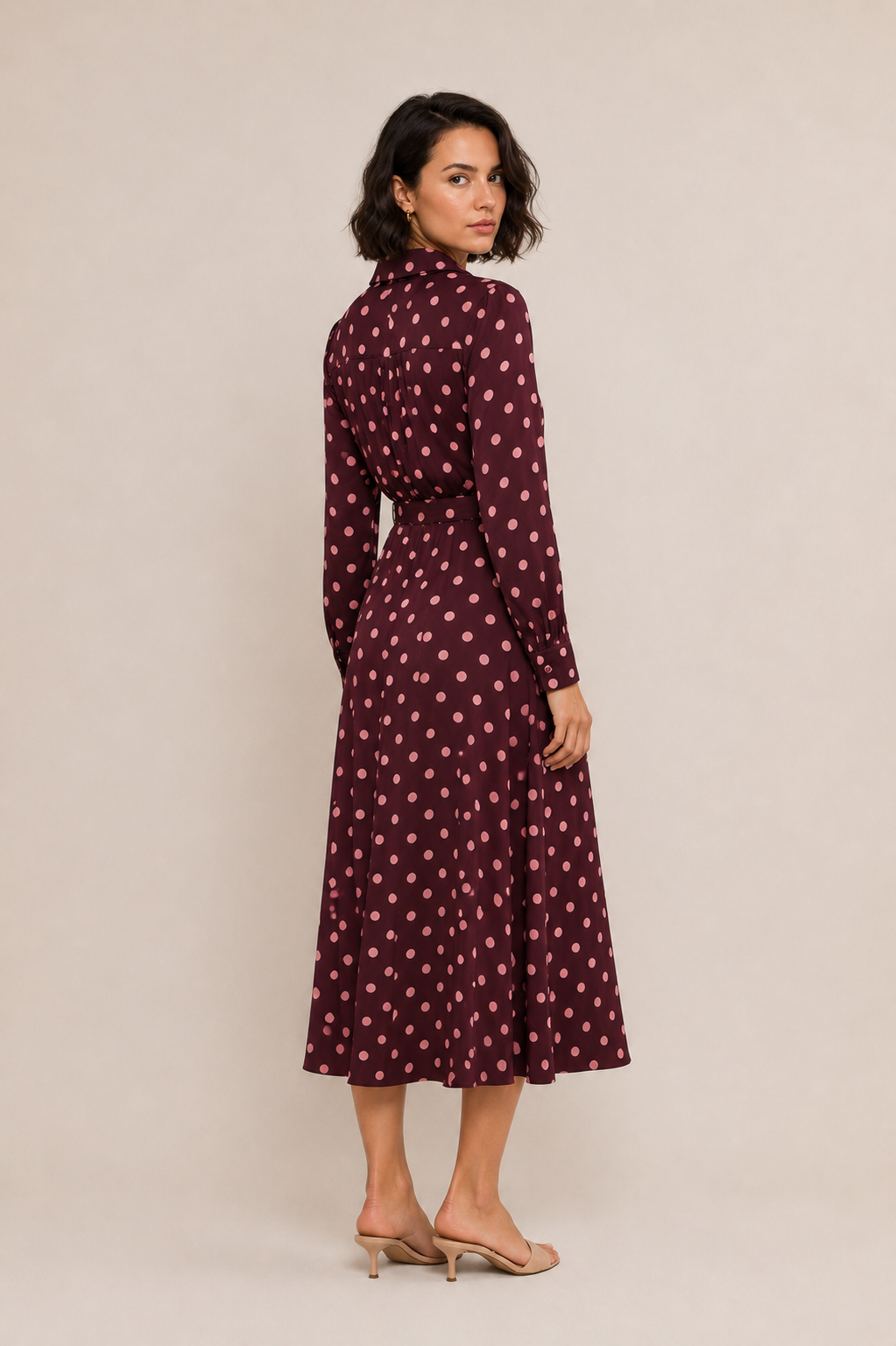 Classic Polka Dot Belted Midi Dress