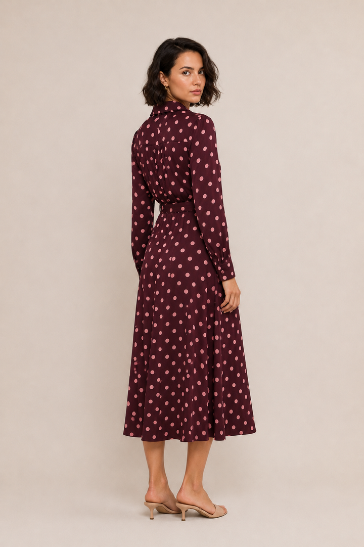 Classic Polka Dot Belted Midi Dress