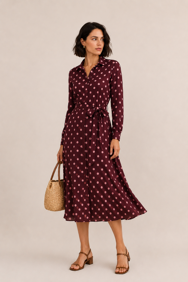 Classic Polka Dot Belted Midi Dress