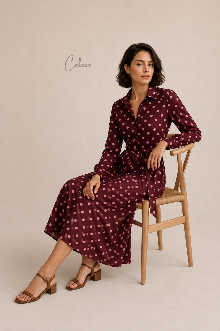 Classic Polka Dot Belted Midi Dress