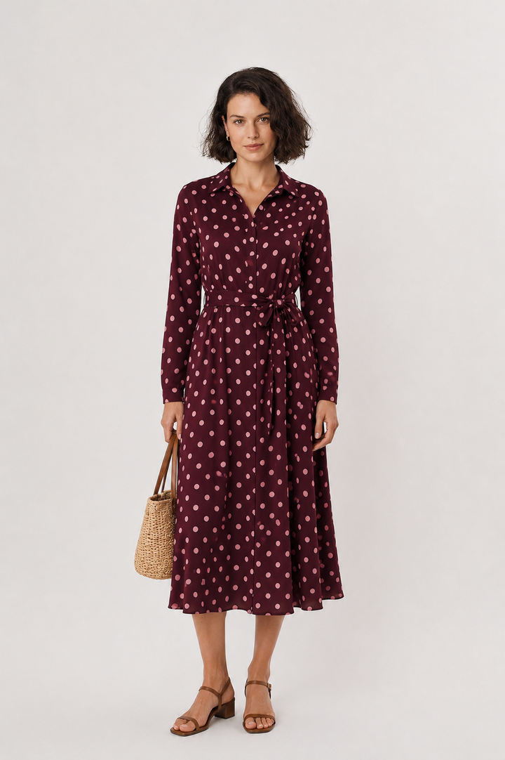 Classic Polka Dot Belted Midi Dress