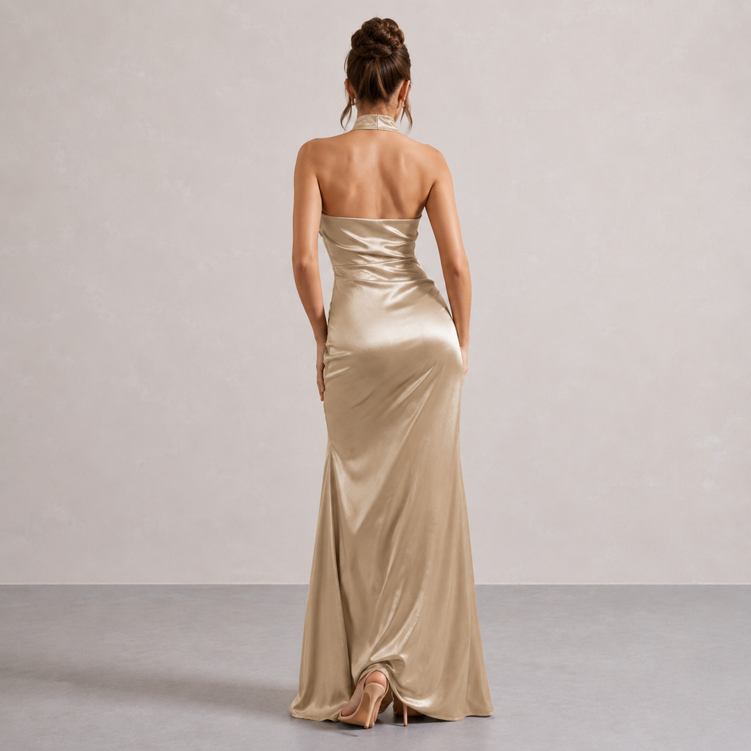Salomé Rocher | Ruched Halter Satin High-Slit Maxi Dress