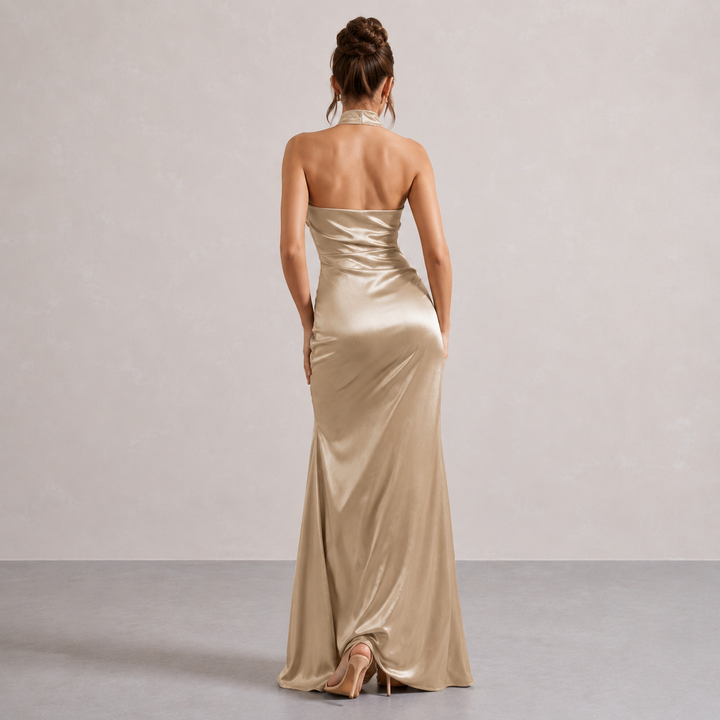 Salomé Rocher | Ruched Halter Satin High-Slit Maxi Dress