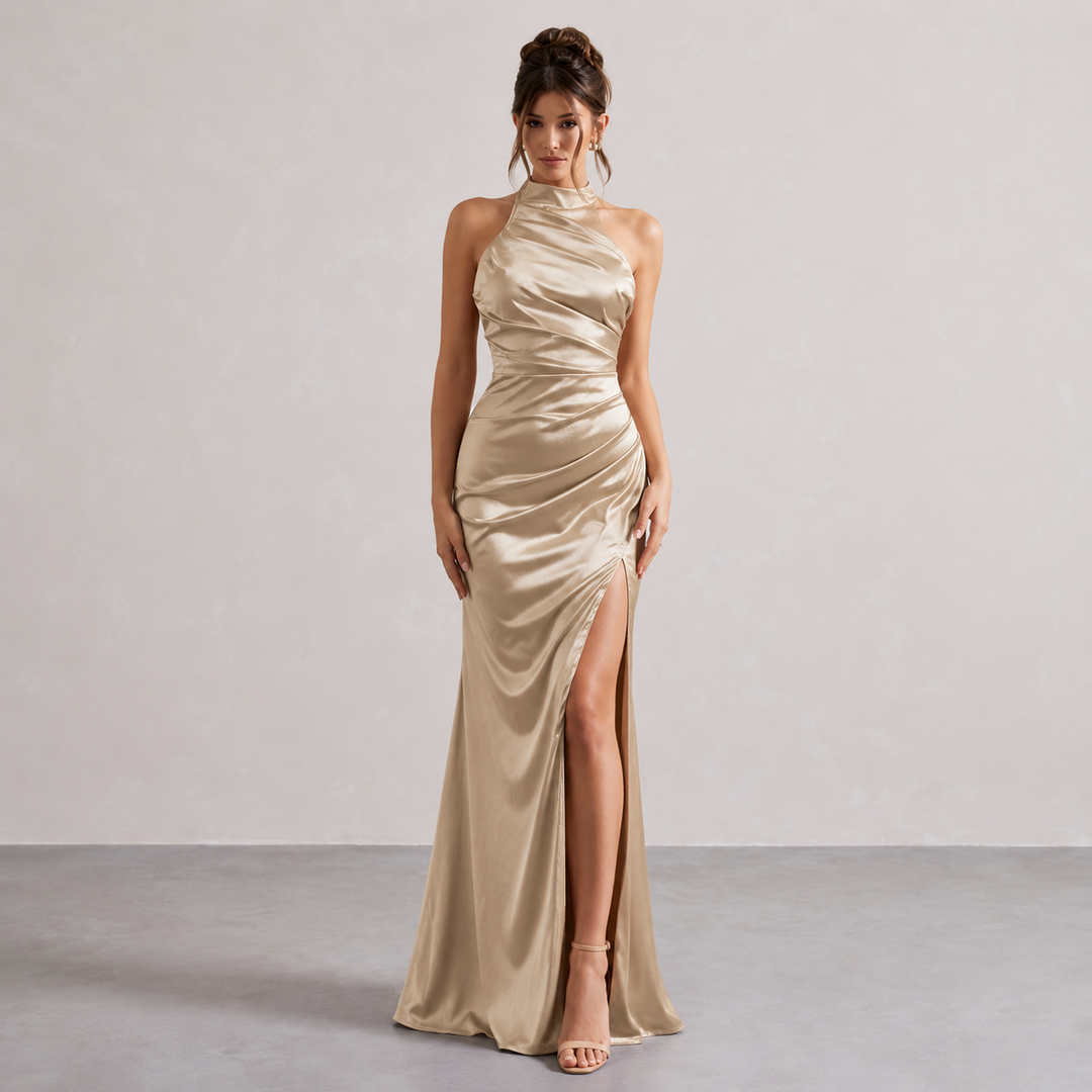 Salomé Rocher | Ruched Halter Satin High-Slit Maxi Dress