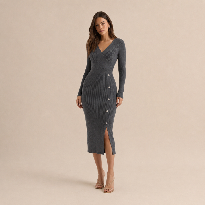 Brune Pelletier | Ribbed Knit Wrap V-Neck Long Sleeve Midi Dress