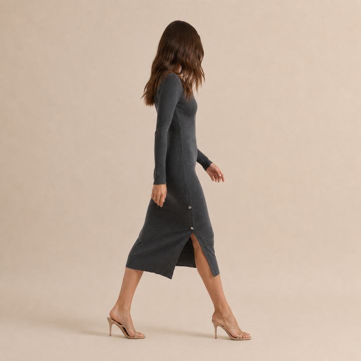 Brune Pelletier | Ribbed Knit Wrap V-Neck Long Sleeve Midi Dress