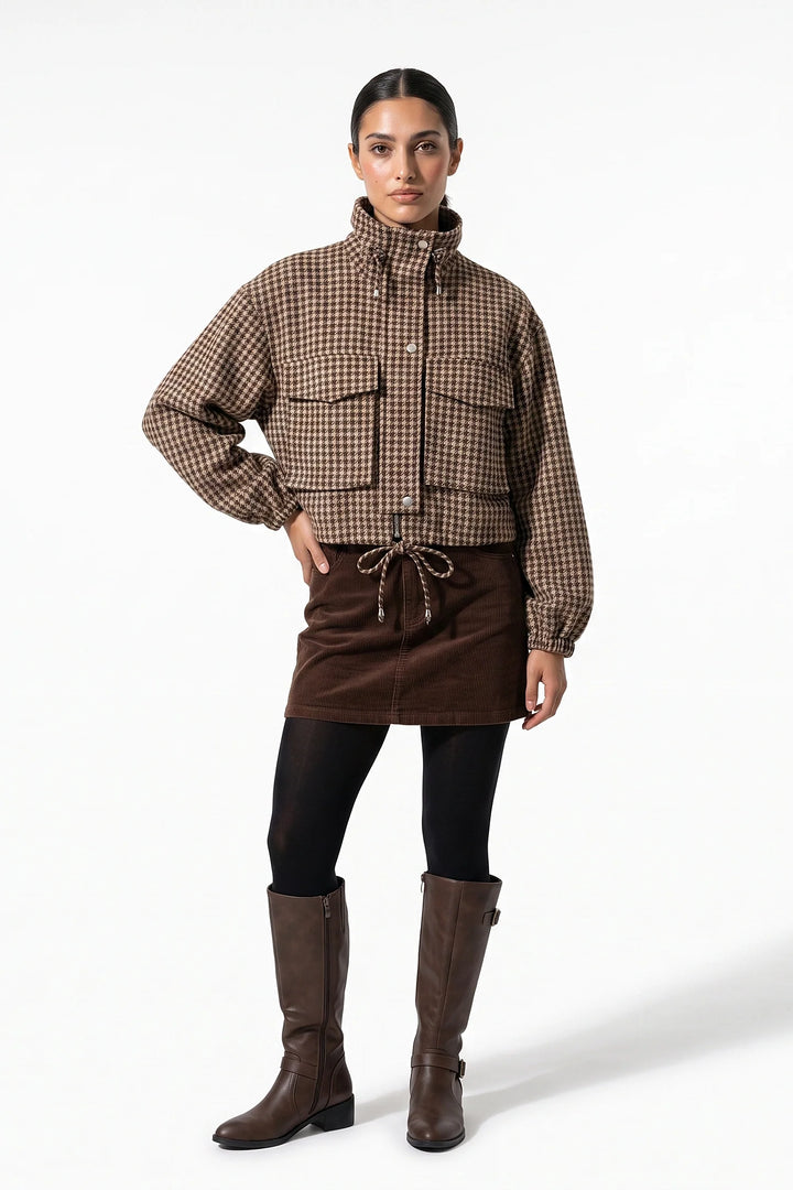 Élina Montaigu | Women’s Winter Comfortable Houndstooth High Collar Cropped Jacket