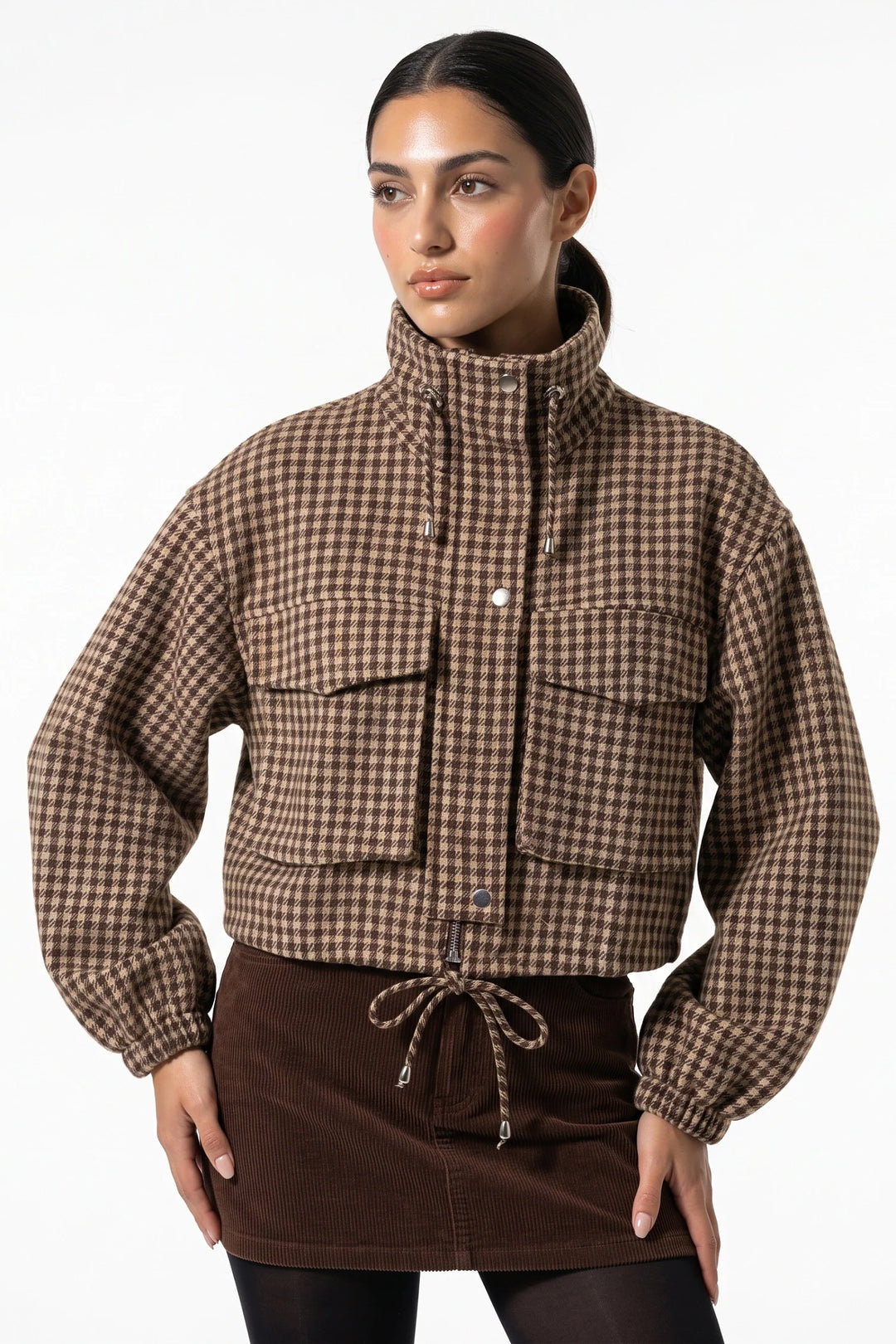 Élina Montaigu | Women’s Winter Comfortable Houndstooth High Collar Cropped Jacket