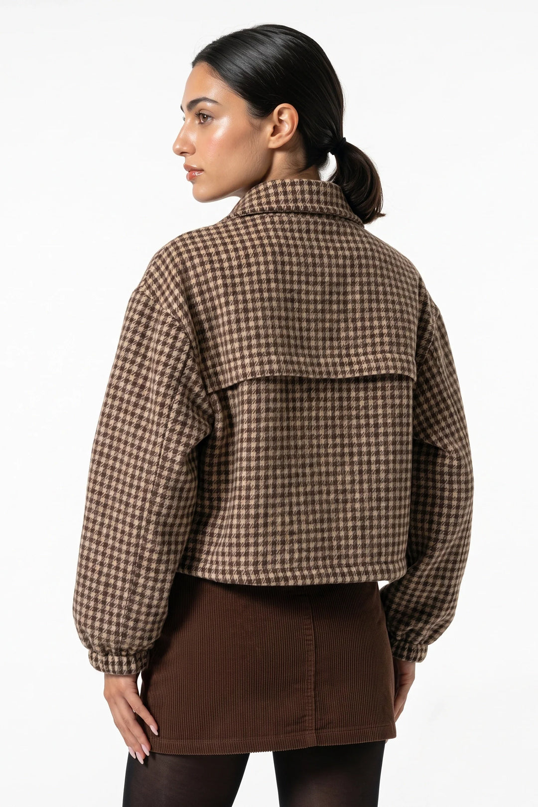 Élina Montaigu | Women’s Winter Comfortable Houndstooth High Collar Cropped Jacket