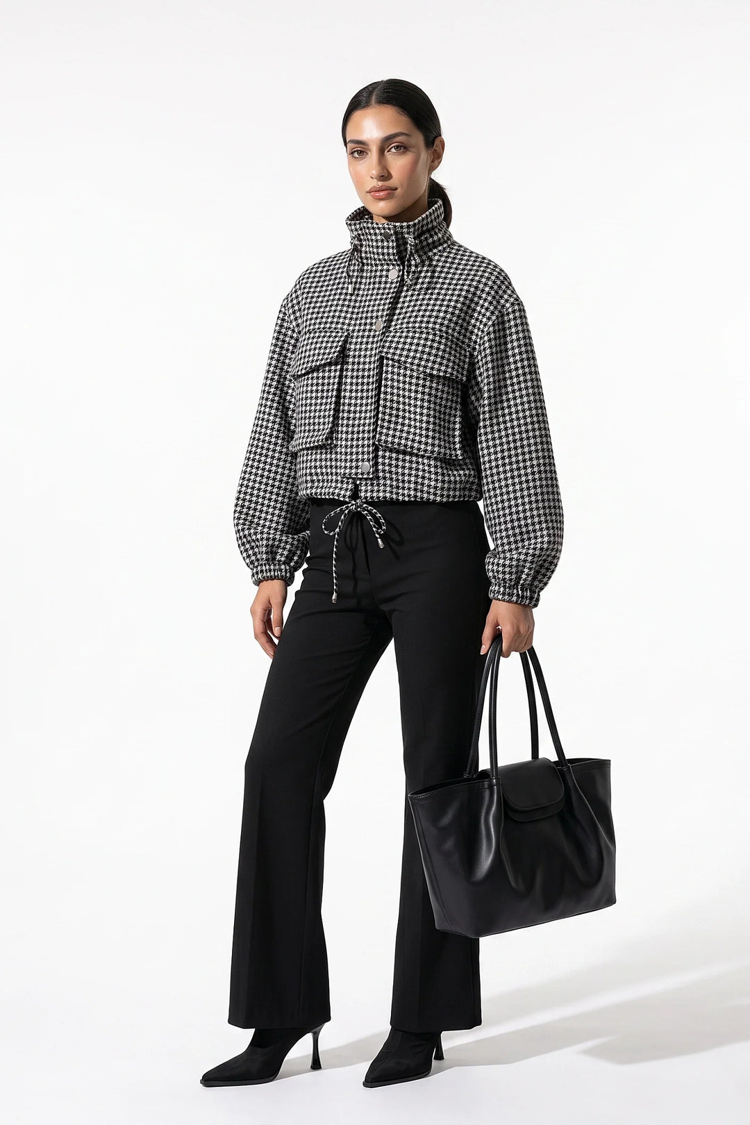 Élina Montaigu | Women’s Winter Comfortable Houndstooth High Collar Cropped Jacket