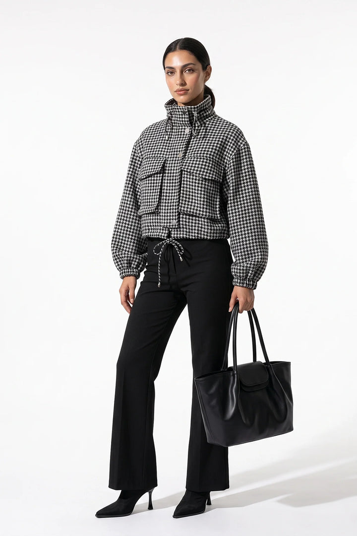 Élina Montaigu | Women’s Winter Comfortable Houndstooth High Collar Cropped Jacket