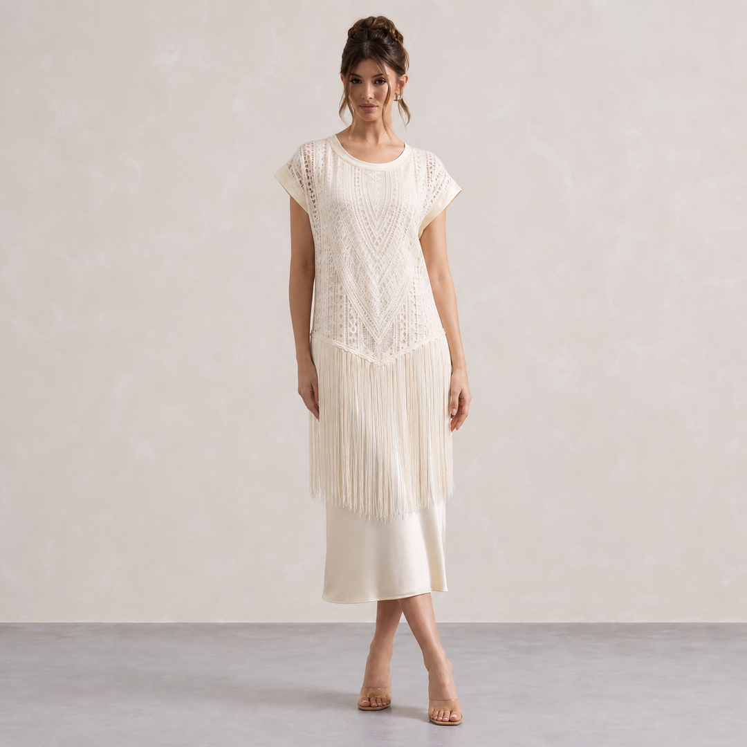 Daphné Maillet | Lace Fringe Short Sleeve Midi Dress