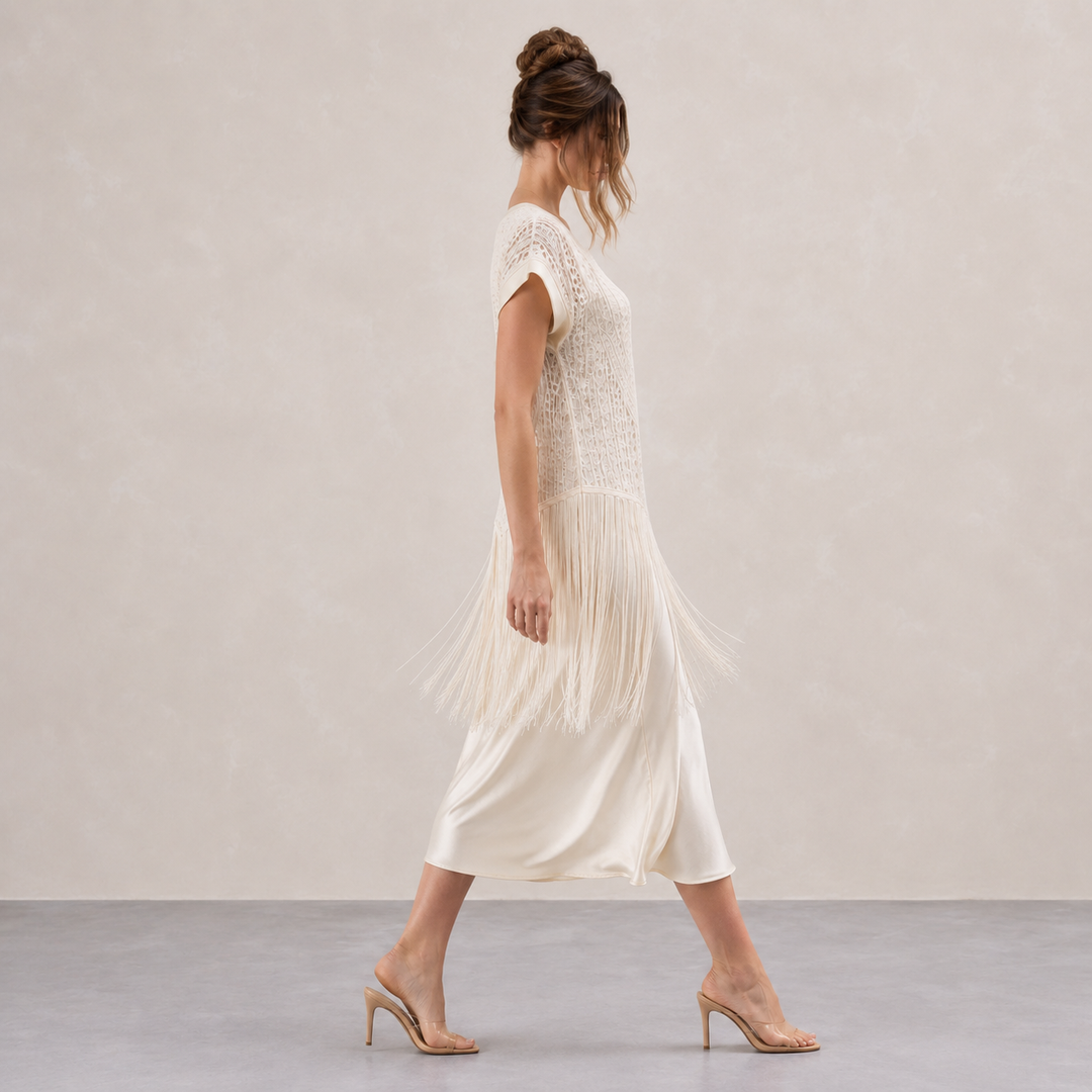 Daphné Maillet | Lace Fringe Short Sleeve Midi Dress