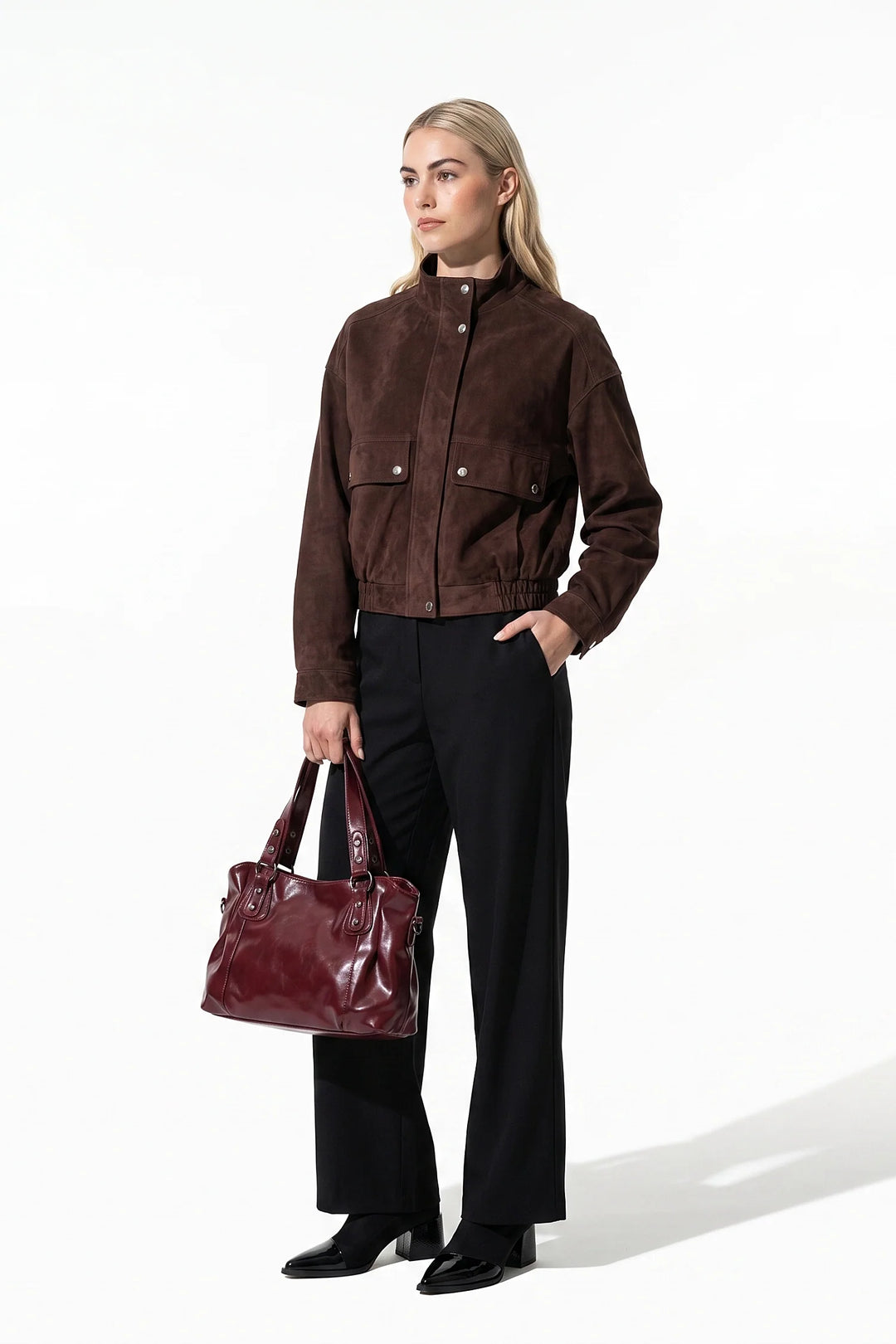 Garance Castaing | Women’s Winter Brown Suede Jacket with Cropped Fit and Stand Collar