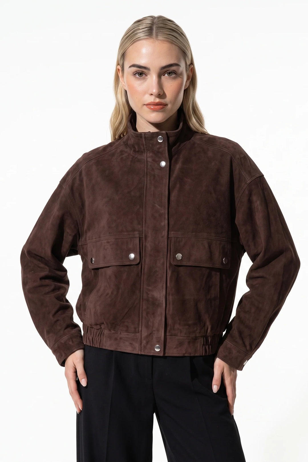Garance Castaing | Women’s Winter Brown Suede Jacket with Cropped Fit and Stand Collar