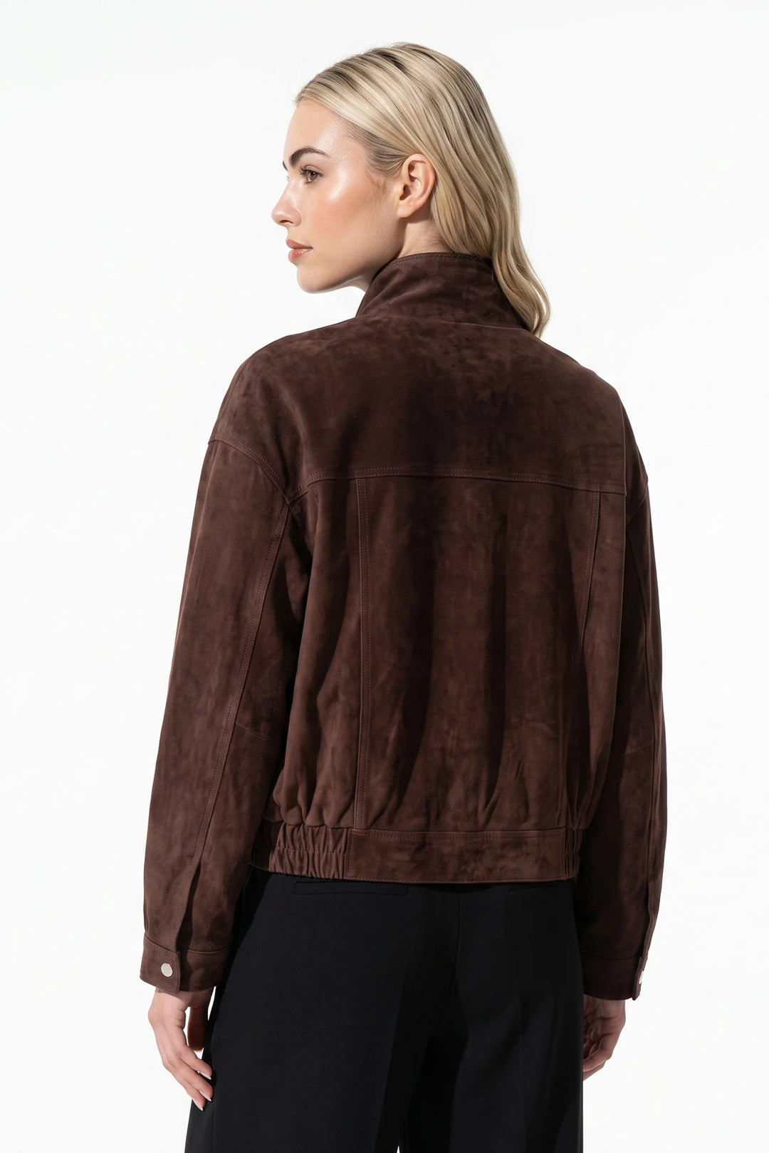 Garance Castaing | Women’s Winter Brown Suede Jacket with Cropped Fit and Stand Collar