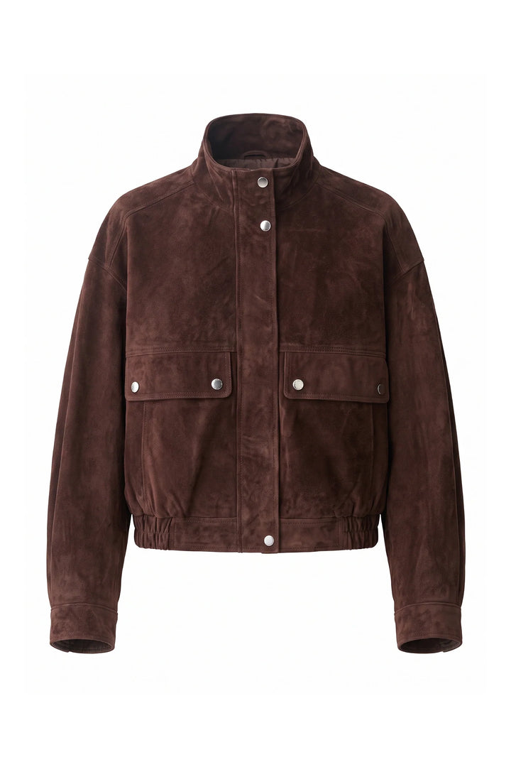 Garance Castaing | Women’s Winter Brown Suede Jacket with Cropped Fit and Stand Collar