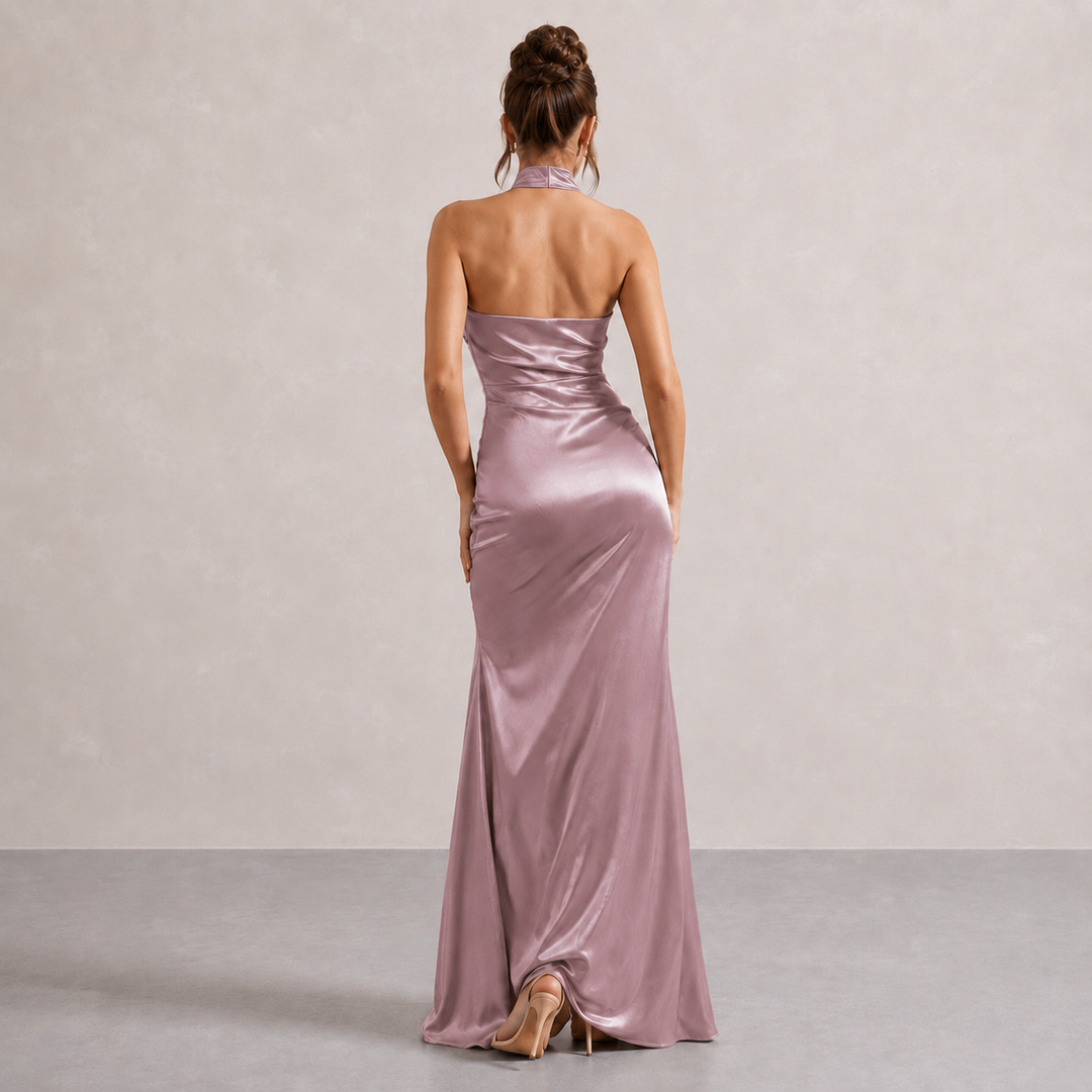 Salomé Rocher | Ruched Halter Satin High-Slit Maxi Dress