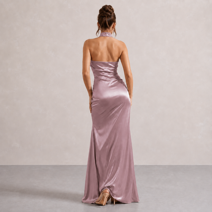 Salomé Rocher | Ruched Halter Satin High-Slit Maxi Dress