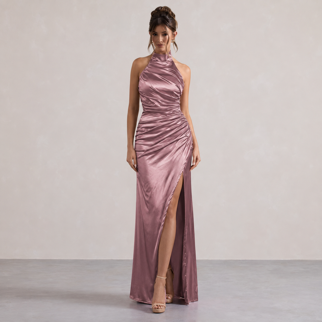 Salomé Rocher | Ruched Halter Satin High-Slit Maxi Dress