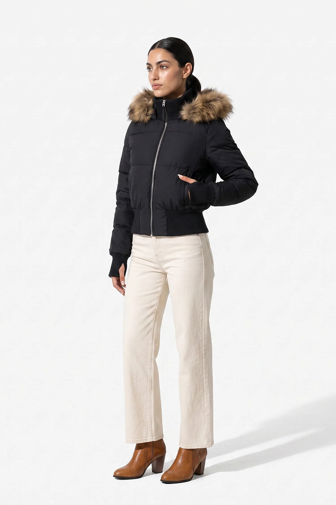 Romane Devereux | Women’s Winter Warm Cropped Puffer Jacket with Fur Trim Hood