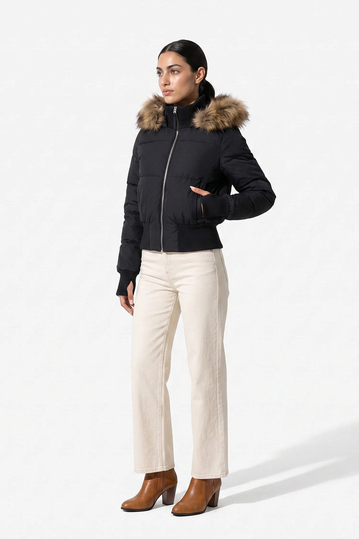 Romane Devereux | Women’s Winter Warm Cropped Puffer Jacket with Fur Trim Hood