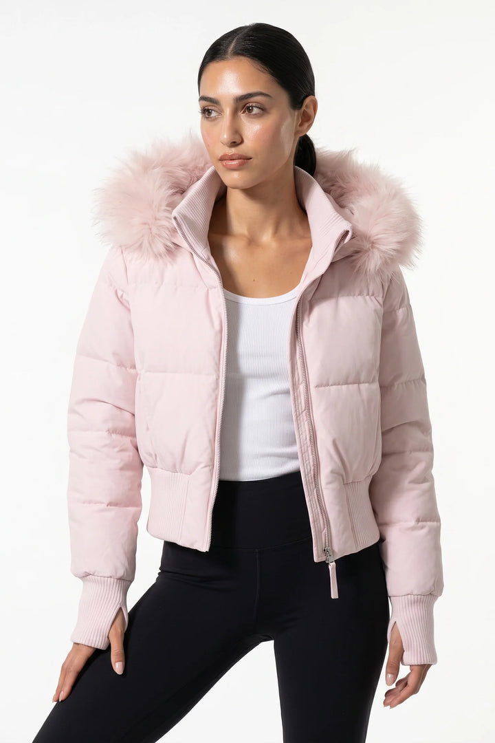Romane Devereux | Women’s Winter Warm Cropped Puffer Jacket with Fur Trim Hood
