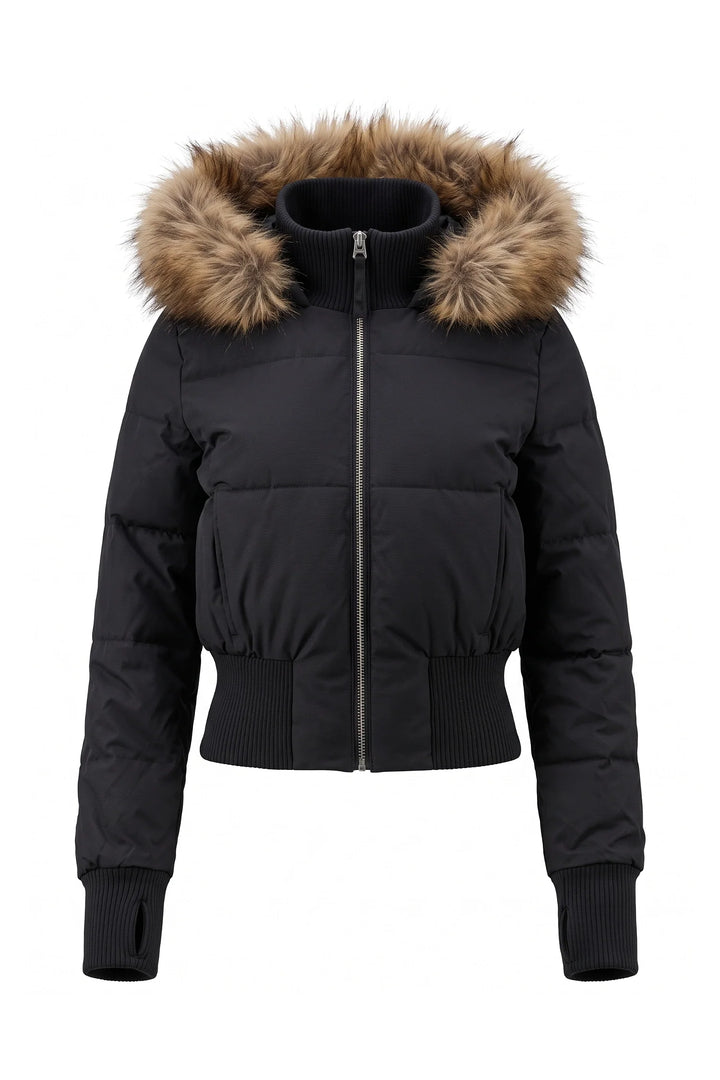 Romane Devereux | Women’s Winter Warm Cropped Puffer Jacket with Fur Trim Hood