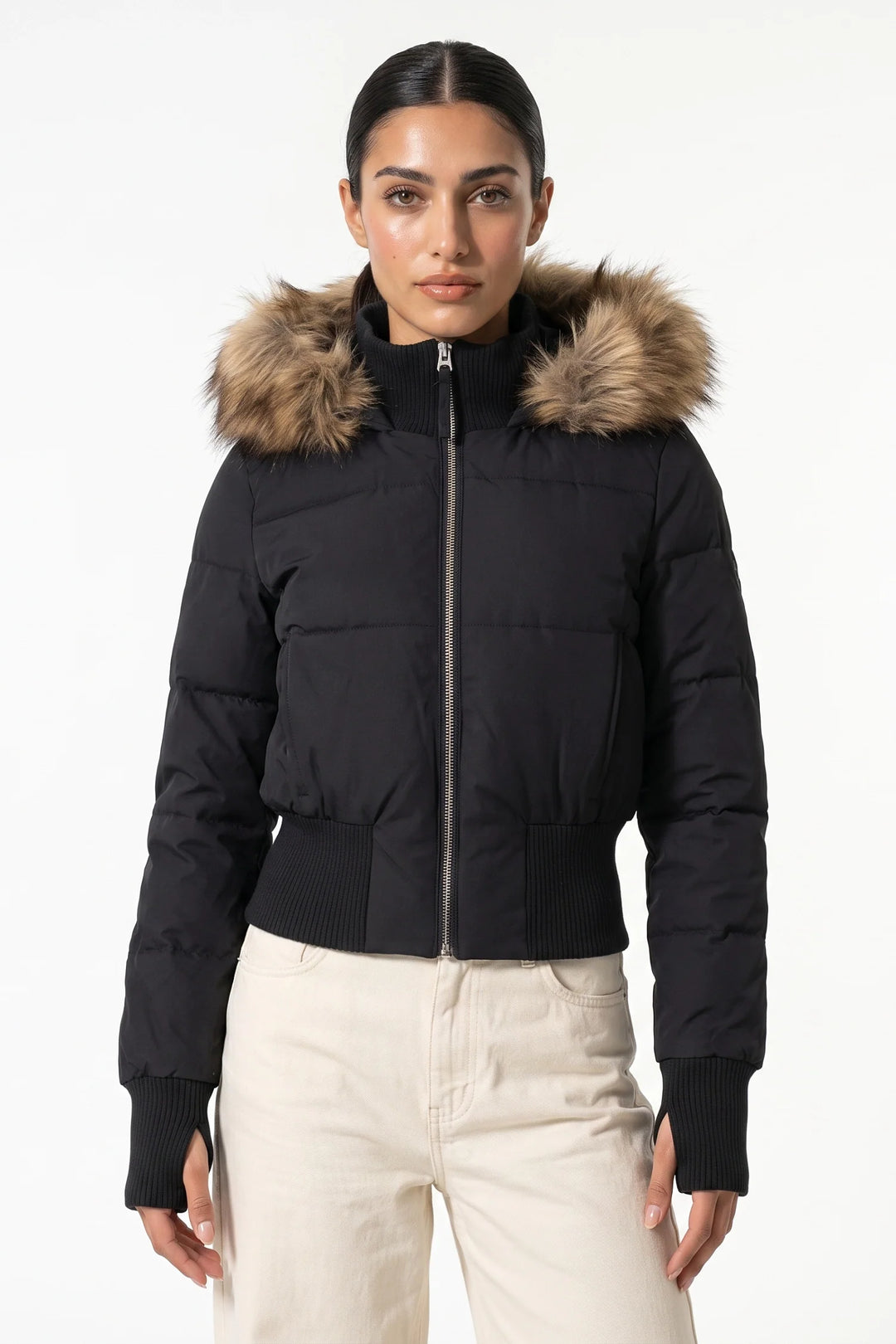 Romane Devereux | Women’s Winter Warm Cropped Puffer Jacket with Fur Trim Hood