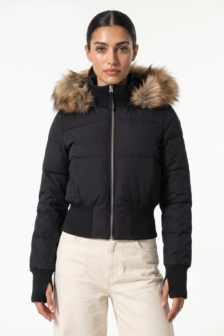 Romane Devereux | Women’s Winter Warm Cropped Puffer Jacket with Fur Trim Hood
