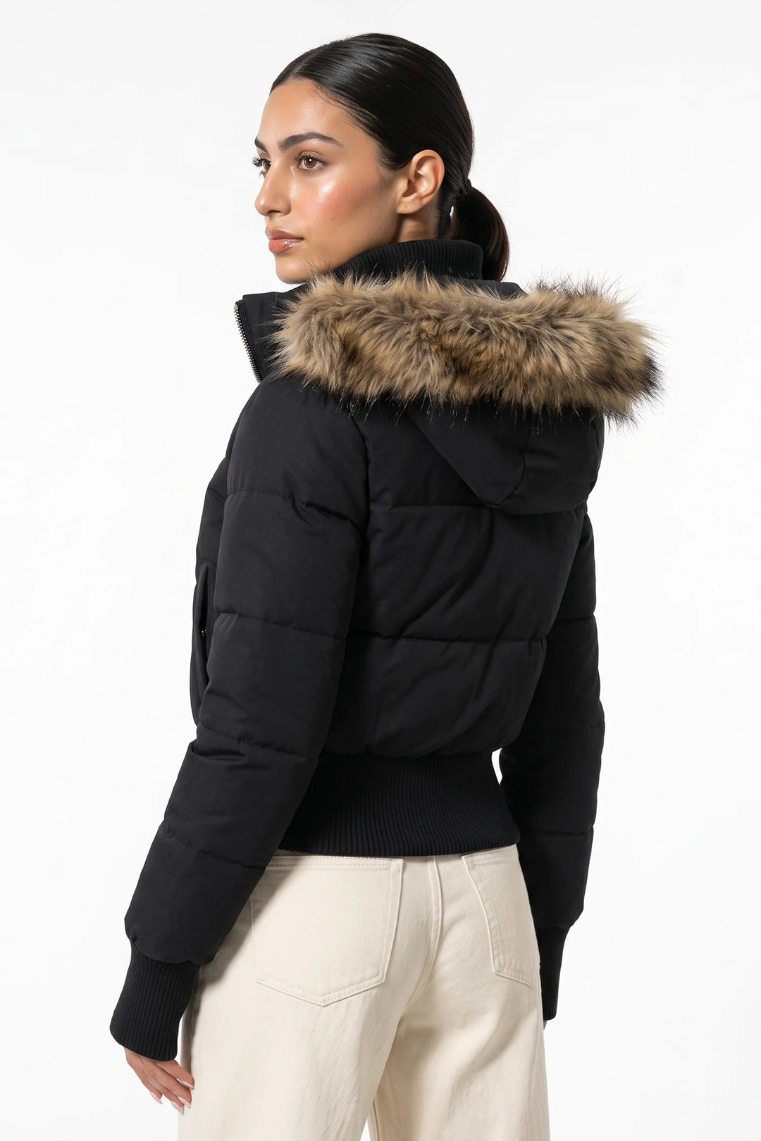 Romane Devereux | Women’s Winter Warm Cropped Puffer Jacket with Fur Trim Hood