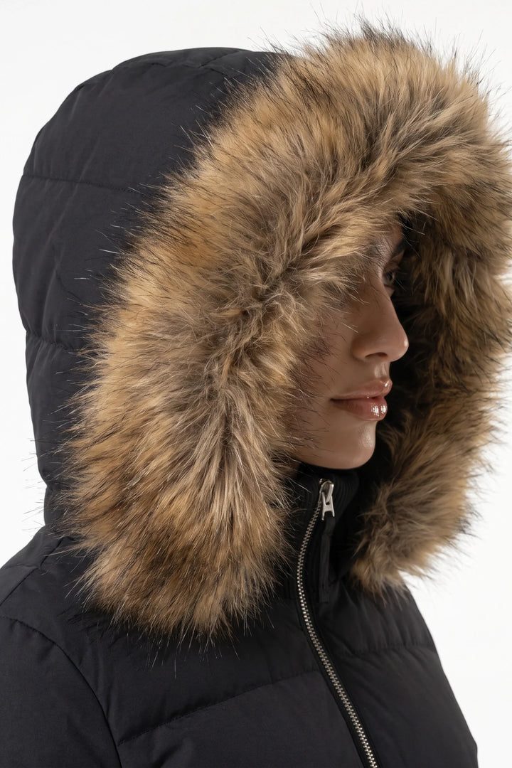 Romane Devereux | Women’s Winter Warm Cropped Puffer Jacket with Fur Trim Hood