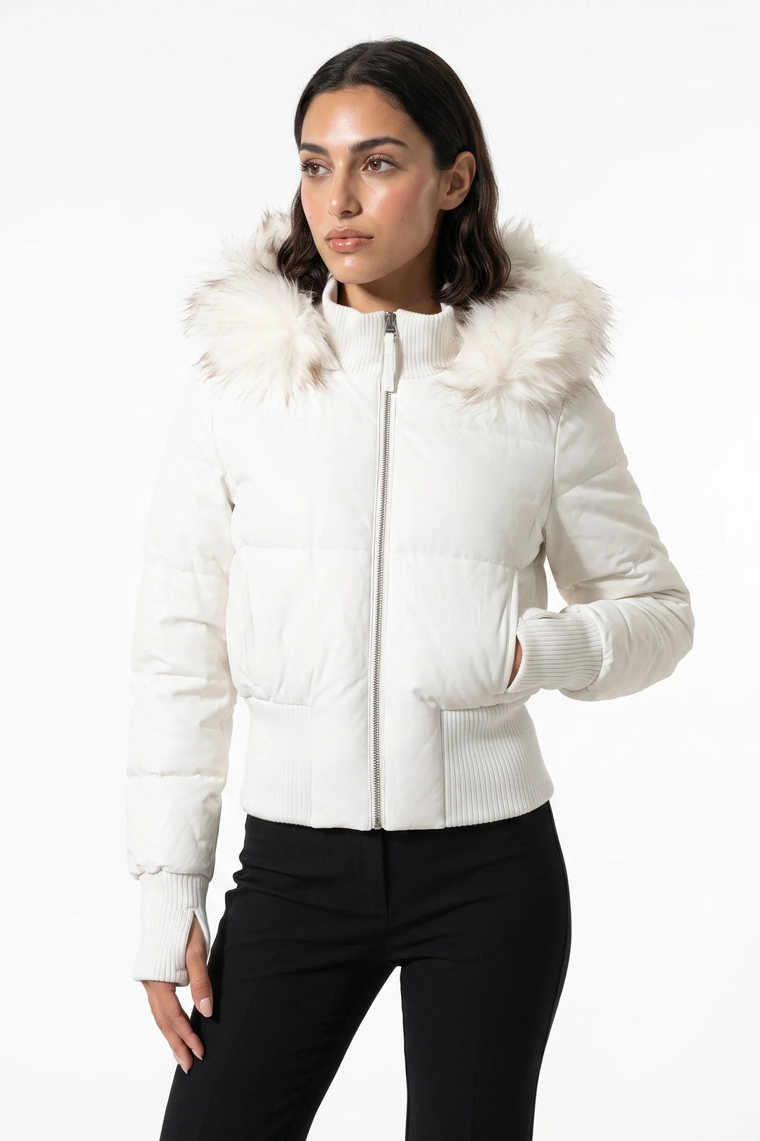 Romane Devereux | Women’s Winter Warm Cropped Puffer Jacket with Fur Trim Hood