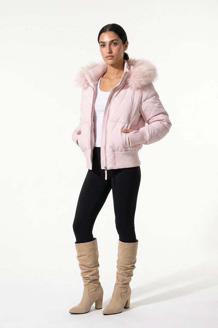 Romane Devereux | Women’s Winter Warm Cropped Puffer Jacket with Fur Trim Hood
