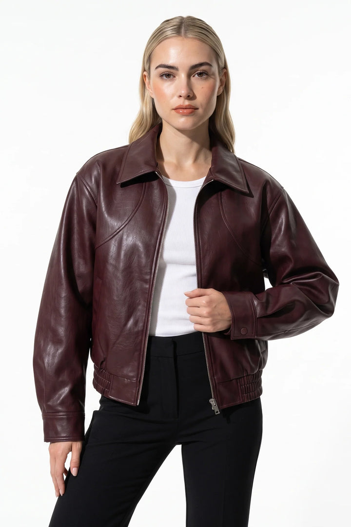 Lilou Clairmont | Women’s Winter Cropped Leather Jacket with Relaxed Fit