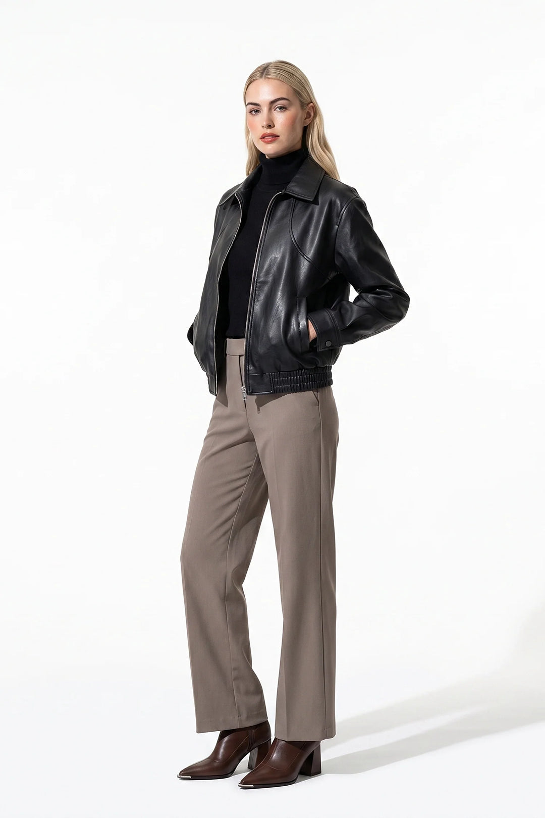 Lilou Clairmont | Women’s Winter Cropped Leather Jacket with Relaxed Fit