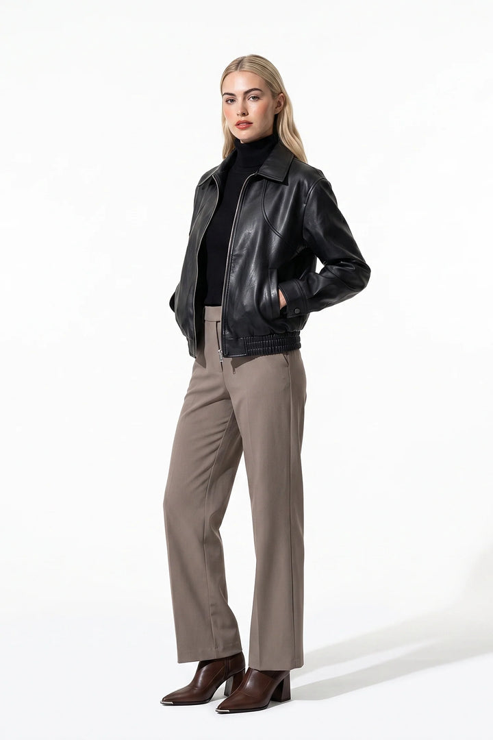 Lilou Clairmont | Women’s Winter Cropped Leather Jacket with Relaxed Fit
