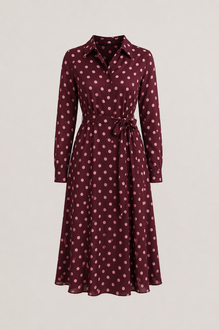 Classic Polka Dot Belted Midi Dress