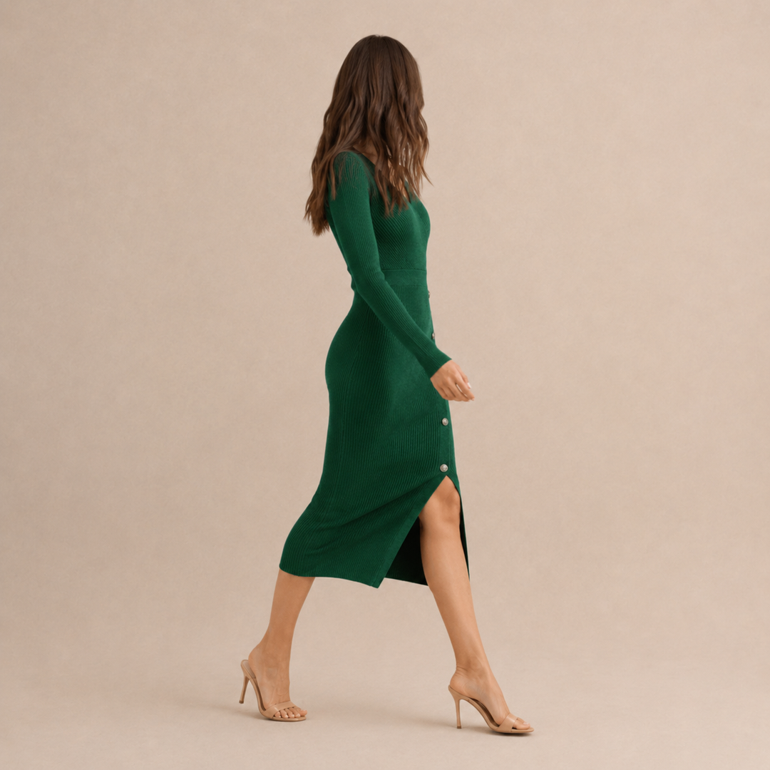 Brune Pelletier | Ribbed Knit Wrap V-Neck Long Sleeve Midi Dress