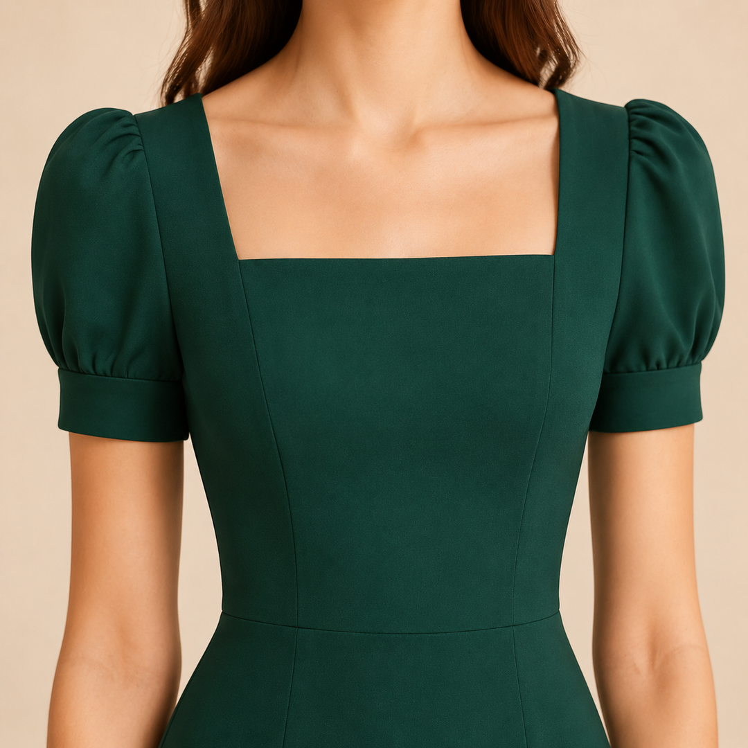 Ariane Charrier | Square Neck Puff Sleeve A-Line Midi Dress
