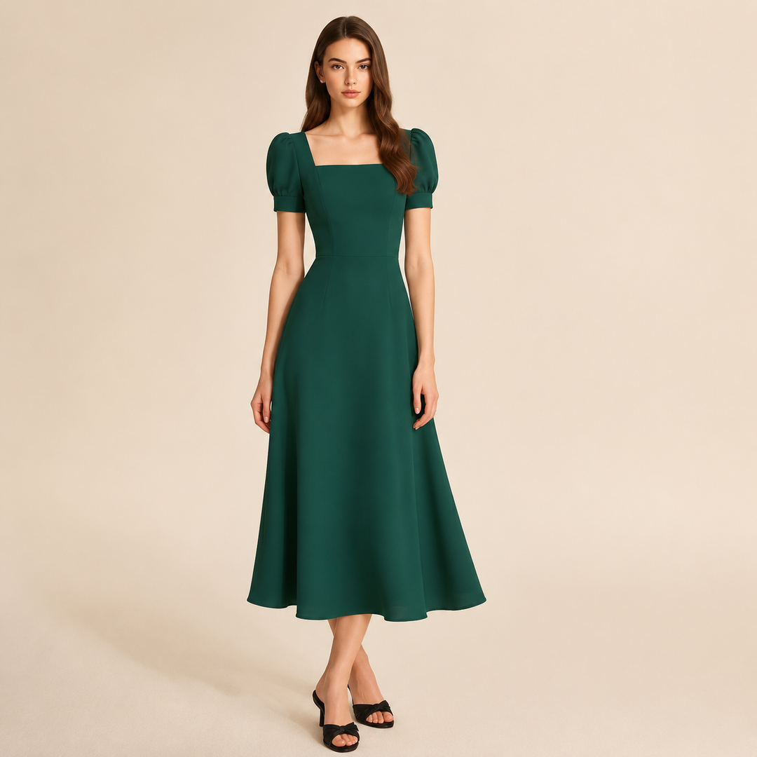 Ariane Charrier | Square Neck Puff Sleeve A-Line Midi Dress