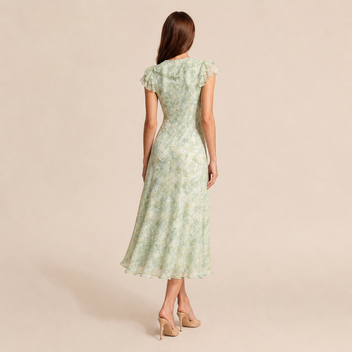 Francine Rémy | Floral Chiffon V-Neck Ruffle Sleeve Midi Dress