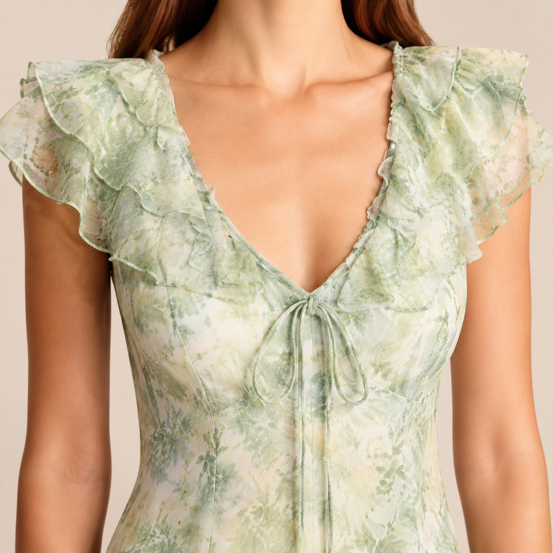 Francine Rémy | Floral Chiffon V-Neck Ruffle Sleeve Midi Dress