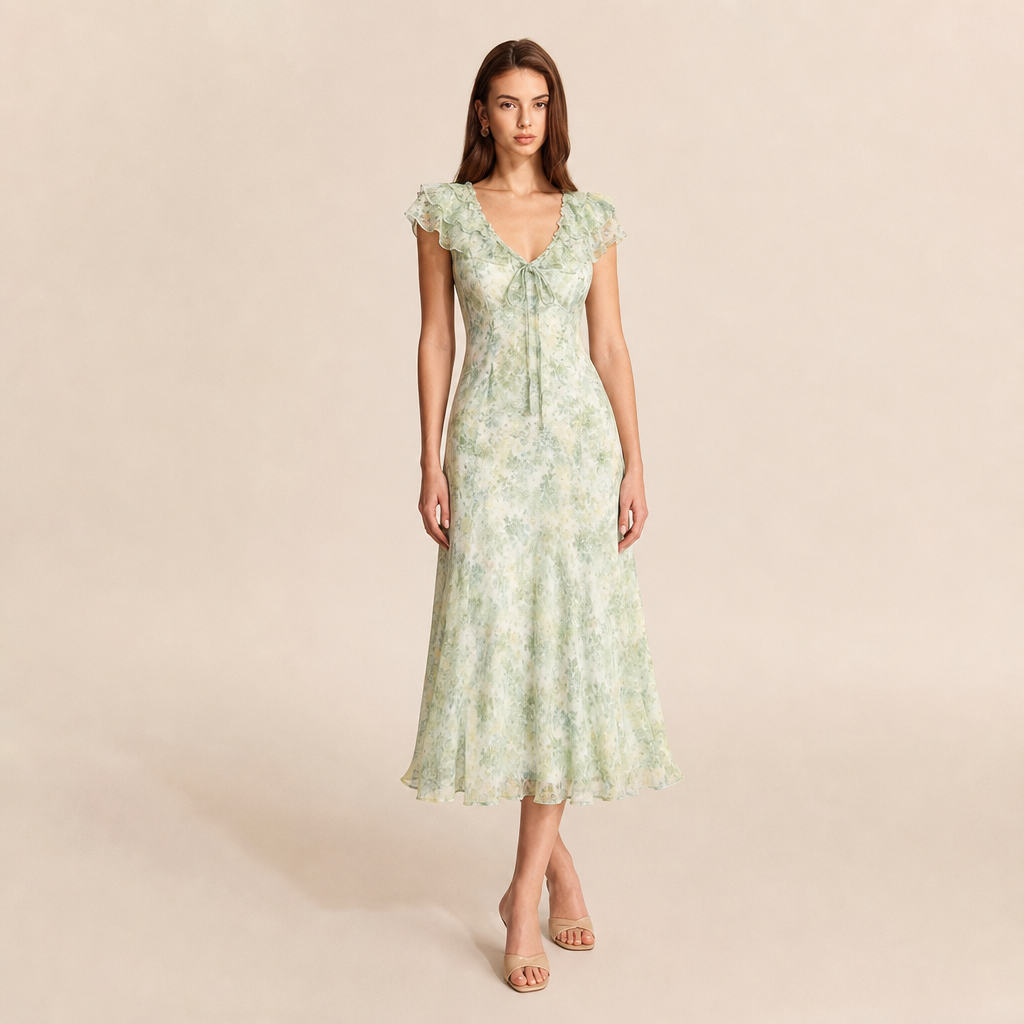 Francine Rémy | Floral Chiffon V-Neck Ruffle Sleeve Midi Dress
