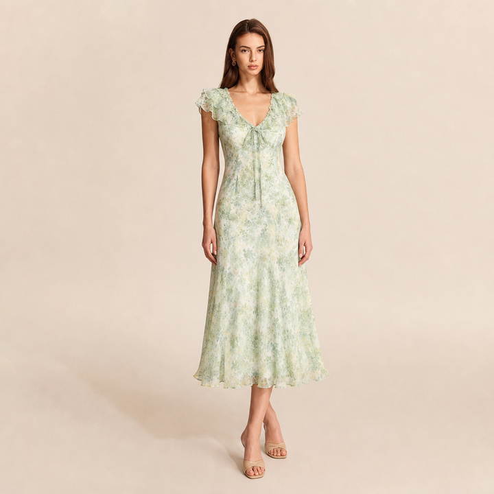 Francine Rémy | Floral Chiffon V-Neck Ruffle Sleeve Midi Dress