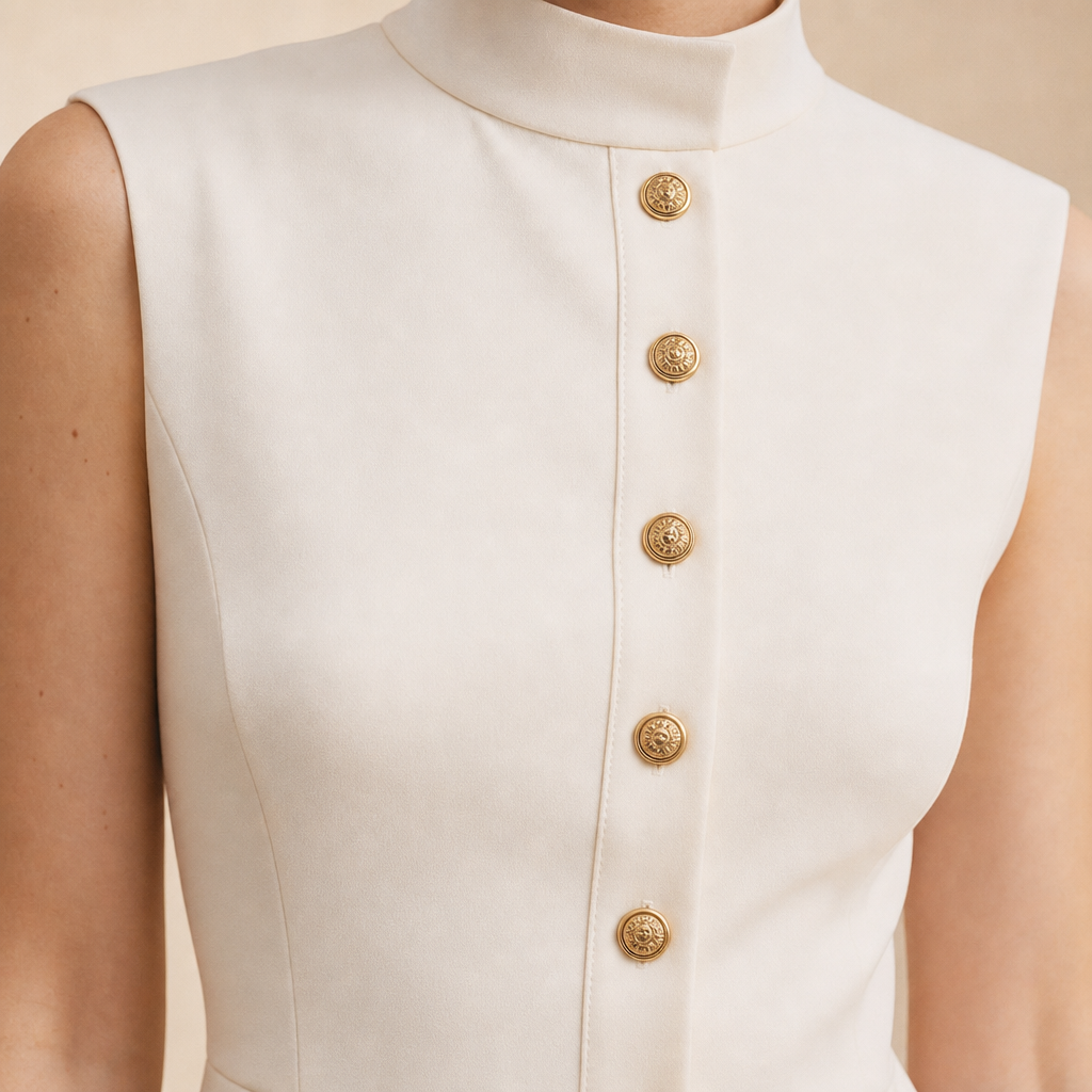 Maëlys Cousin | Sleeveless High Neck Gold Button Mini Dress