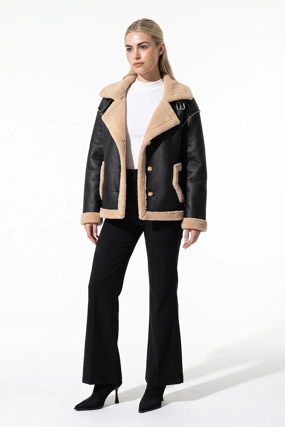 Victoire Chavelle | Women’s Winter Warm Faux Fur Jacket in Leather Aviator Style