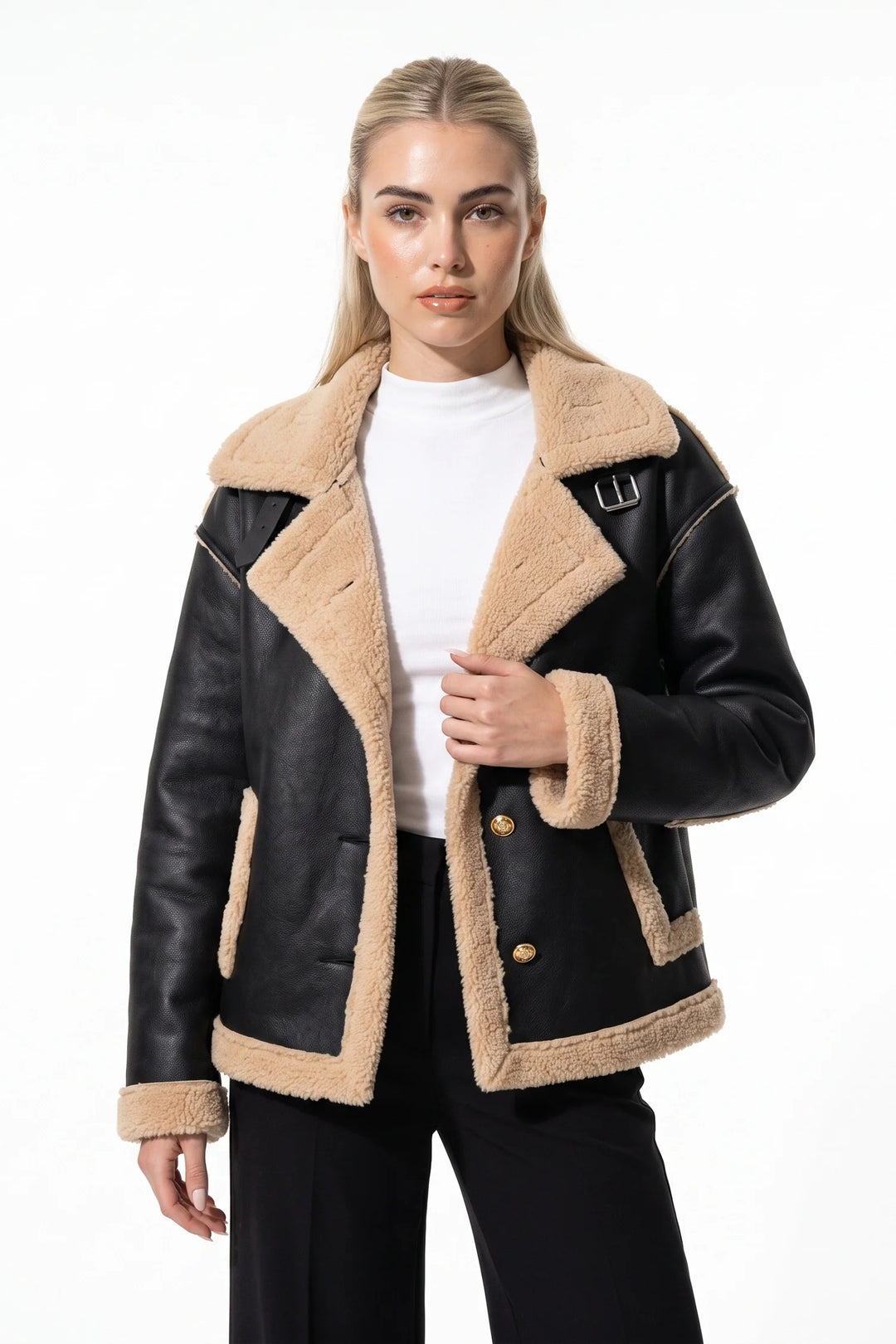 Victoire Chavelle | Women’s Winter Warm Faux Fur Jacket in Leather Aviator Style